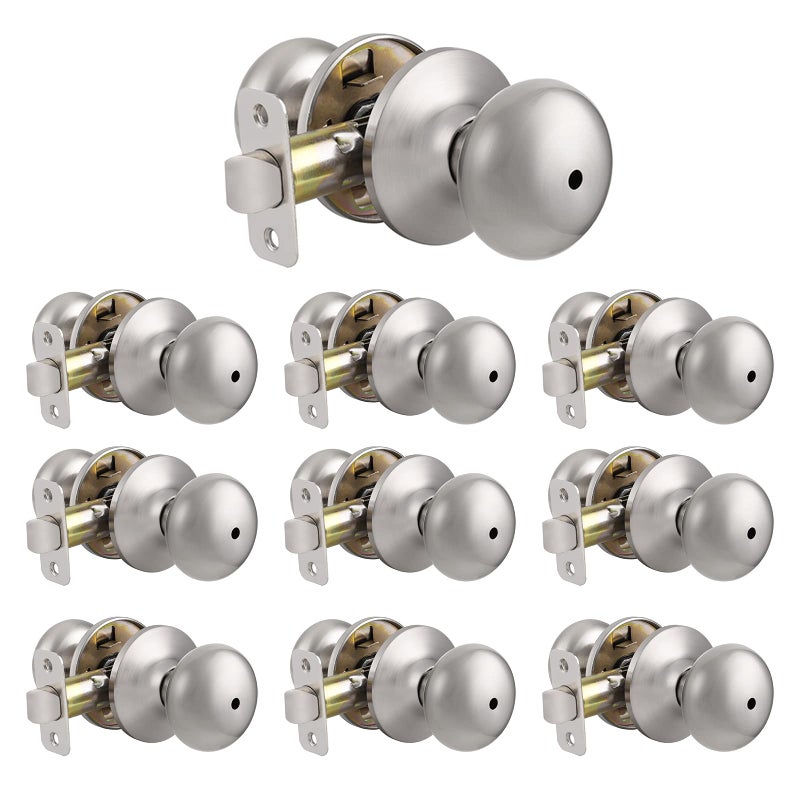 Probrico Keyless Privacy Door Knobs Bedroom Bathroom Locking Door Knob, Brushed Nickel Door Knob with Lock, No Key, Modern Flat Ball Interior Door Handles 10 Pack - Image 1